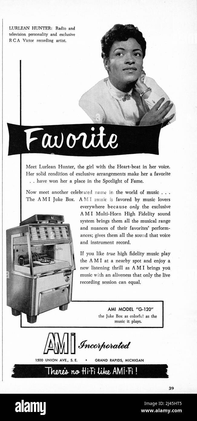 Una pubblicità del 1956 per i jukebox AMI con Lurlean Hunter, cantante jazz, artista di registrazione e personalità radio e TV. Foto Stock