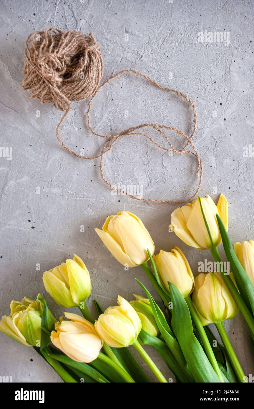 Disporre un bouquet di tulipani gialli con spago su un tavolo grigio. Foto Stock