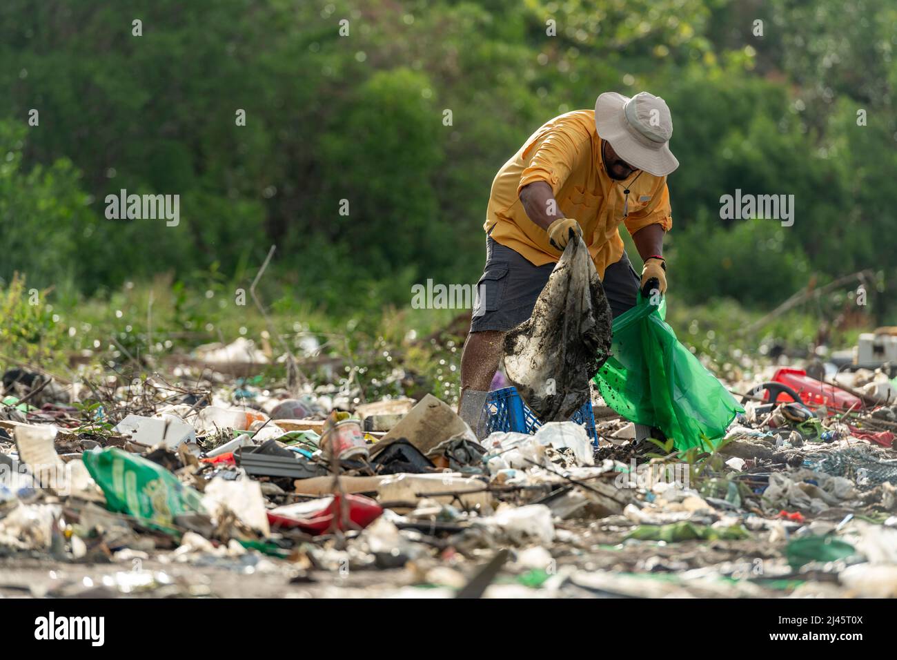 L'uomo raccoglie i rifiuti di plastica sulla spiaggia al mattino, Panama, America Centrale. Foto Stock