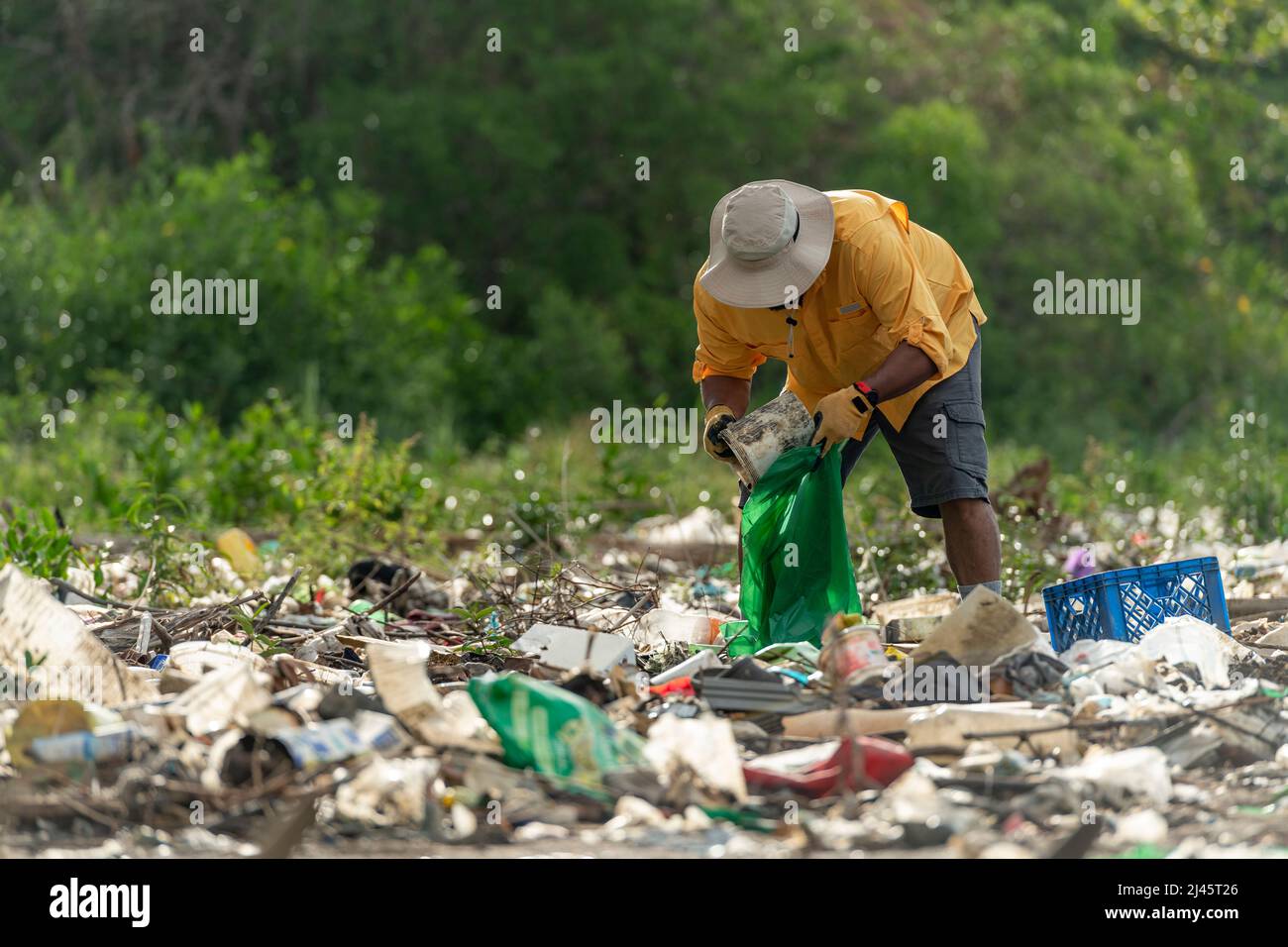 L'uomo raccoglie i rifiuti di plastica sulla spiaggia al mattino, Panama, America Centrale. Foto Stock