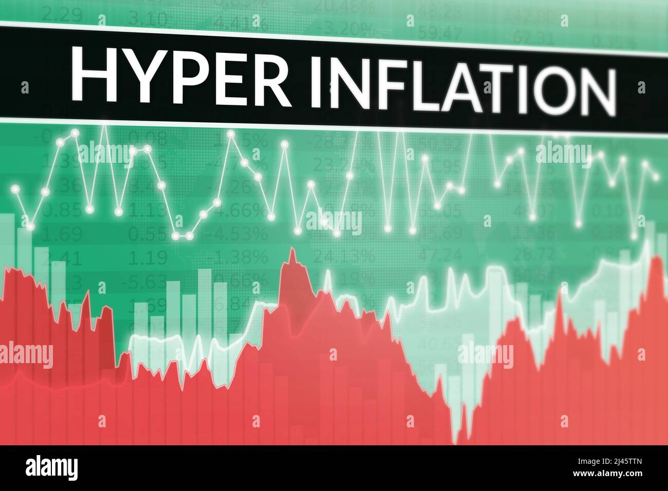 Parole Hyper inflazione su fondo di finanza verde. 3D rendering, messa a fuoco soft. Concetto di economia globale Foto Stock