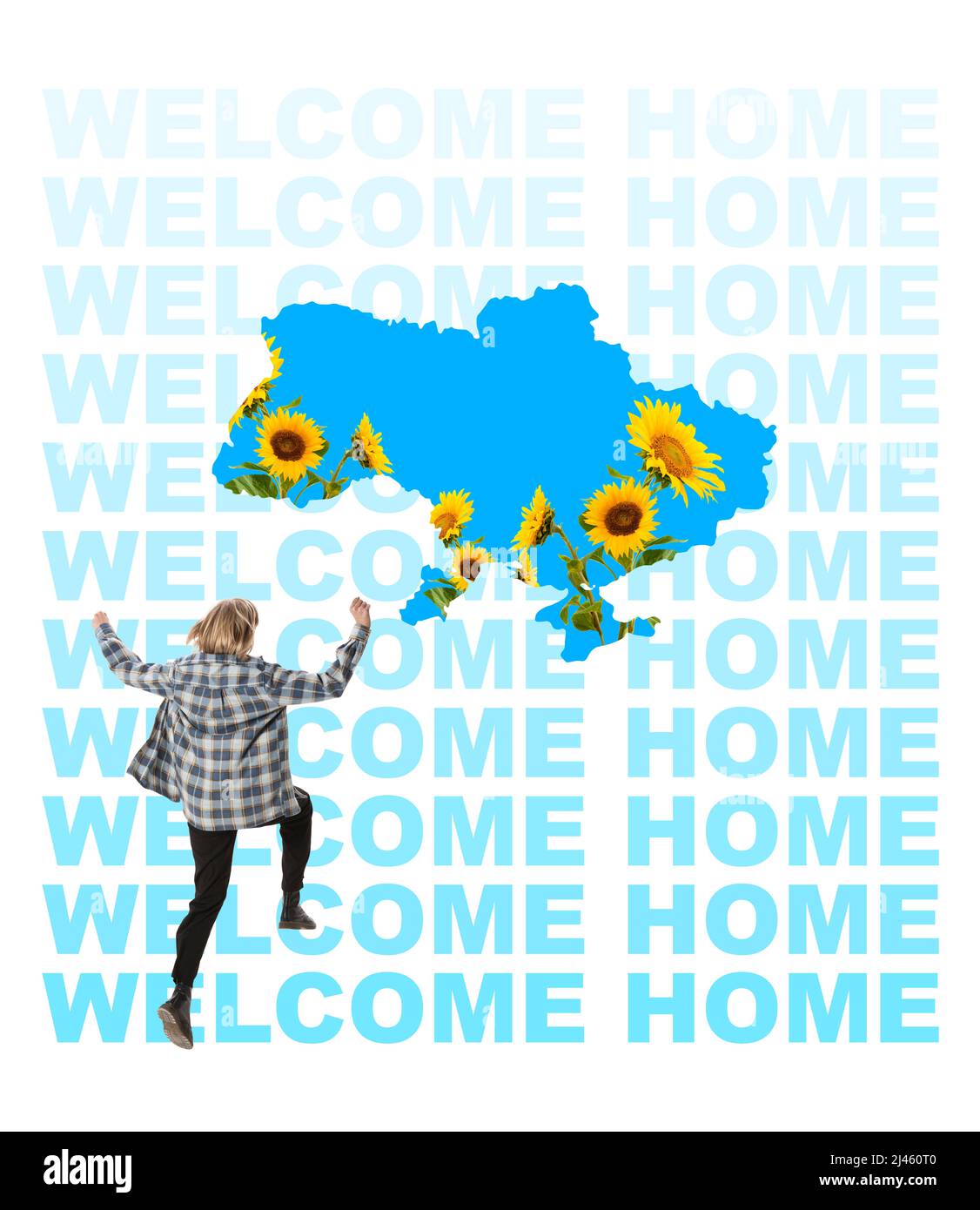 Collage d'arte Contemporray. Felice giovane donna che torna in Ucraina - patria. Immagine concettuale della migrazione Foto Stock