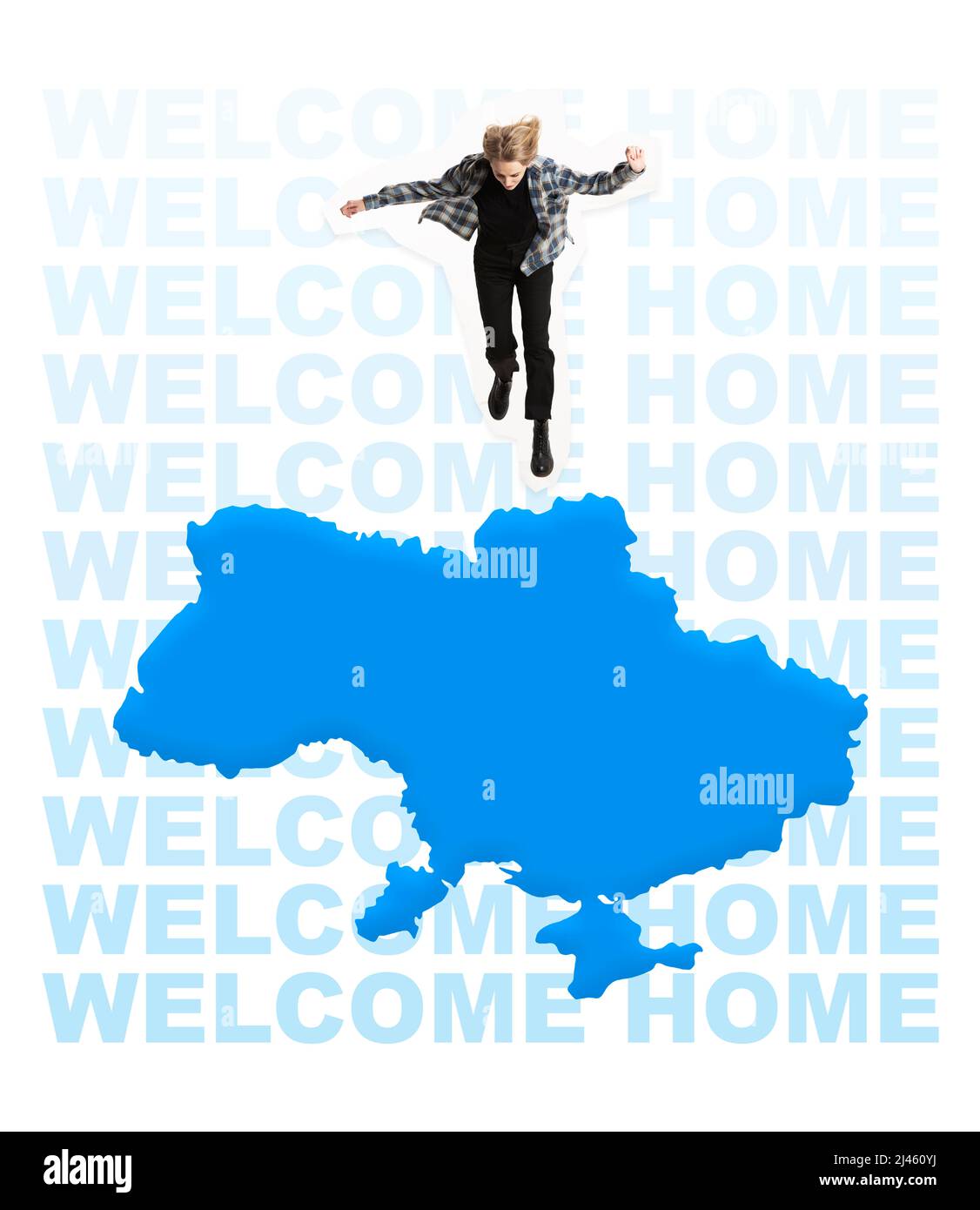 Collage d'arte contemporanea. La giovane donna che cade in forma di paese ucraino simboleggia il ritorno a casa Foto Stock