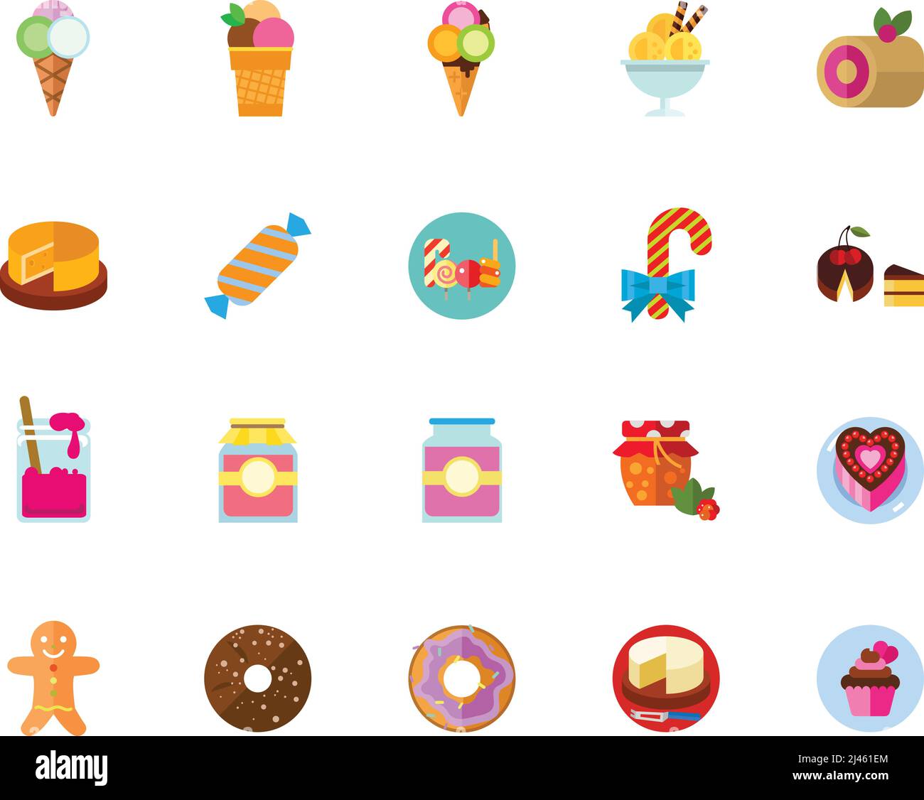 Set di icone dessert. Può essere utilizzato per argomenti come dolci, cibo malsano, cucina, pasticceria, tavolo festivo, trattamento per bambini Illustrazione Vettoriale