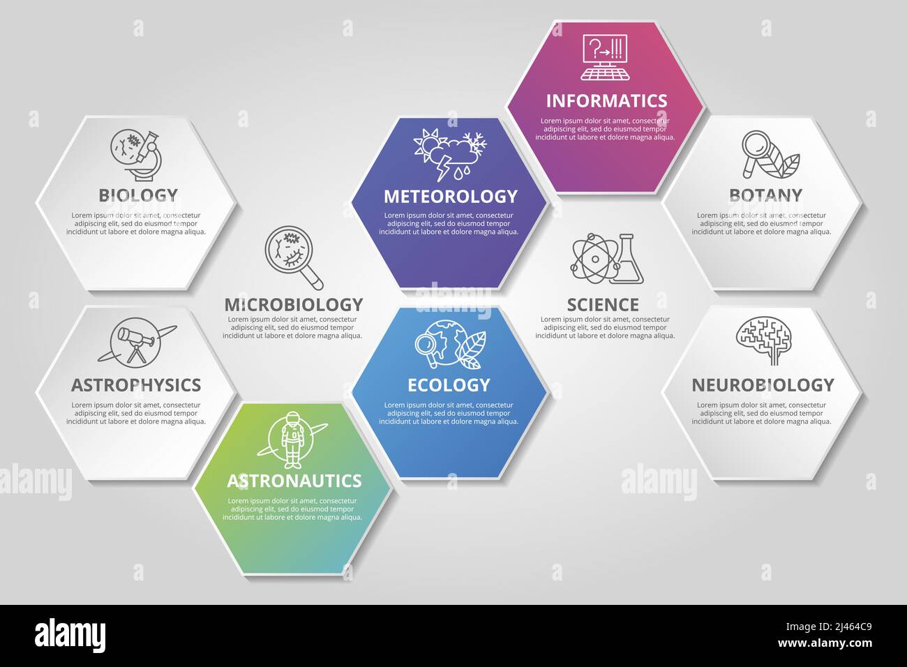 Modello di scienza infografica. Icone in colori diversi. Include scienza, microbiologia, informatica, neurobiologia e altri. Illustrazione Vettoriale