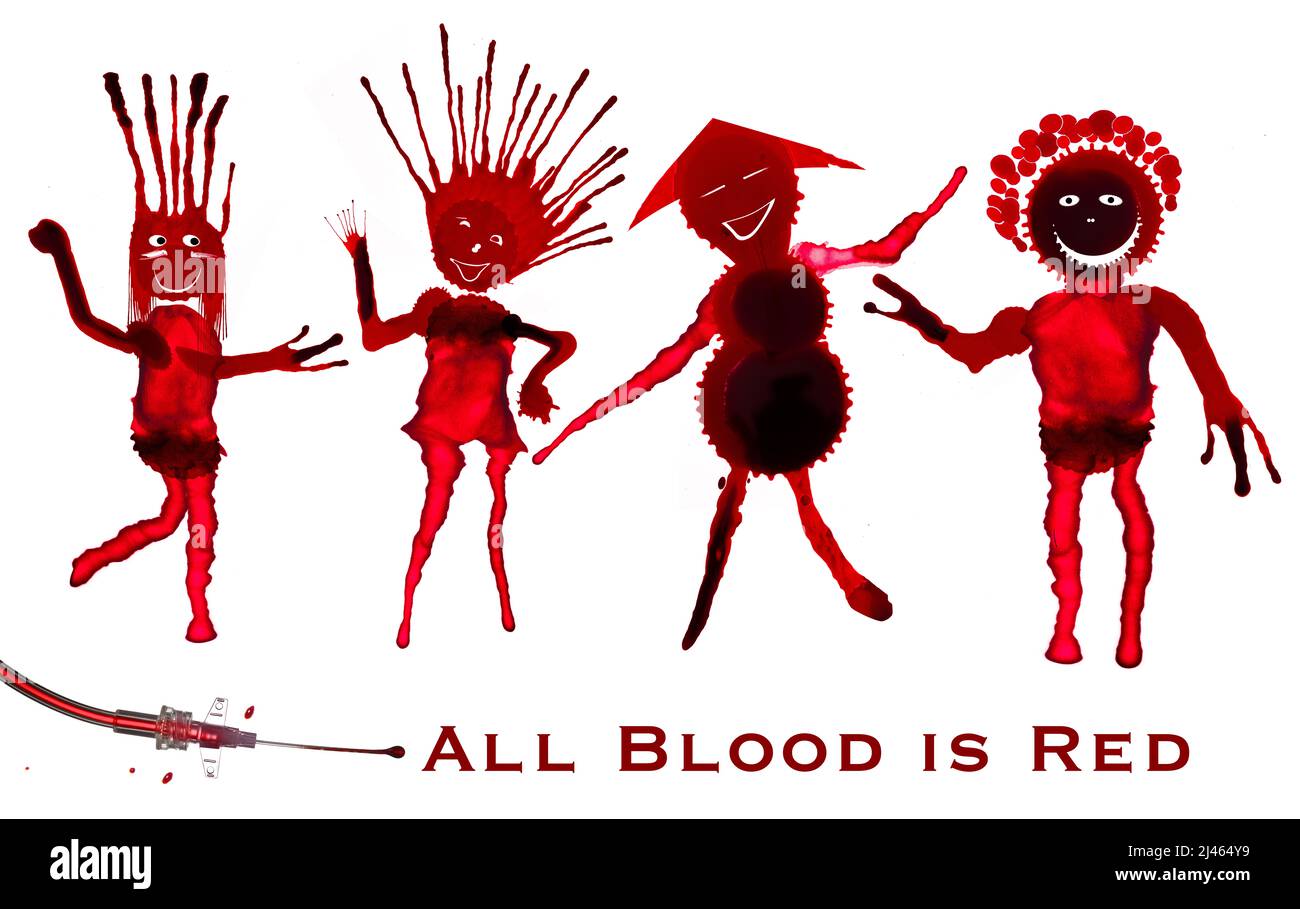 Simpatiche figure stickmen composti da macchie di inchiostro rosso che rappresentano la diversità umana Foto Stock