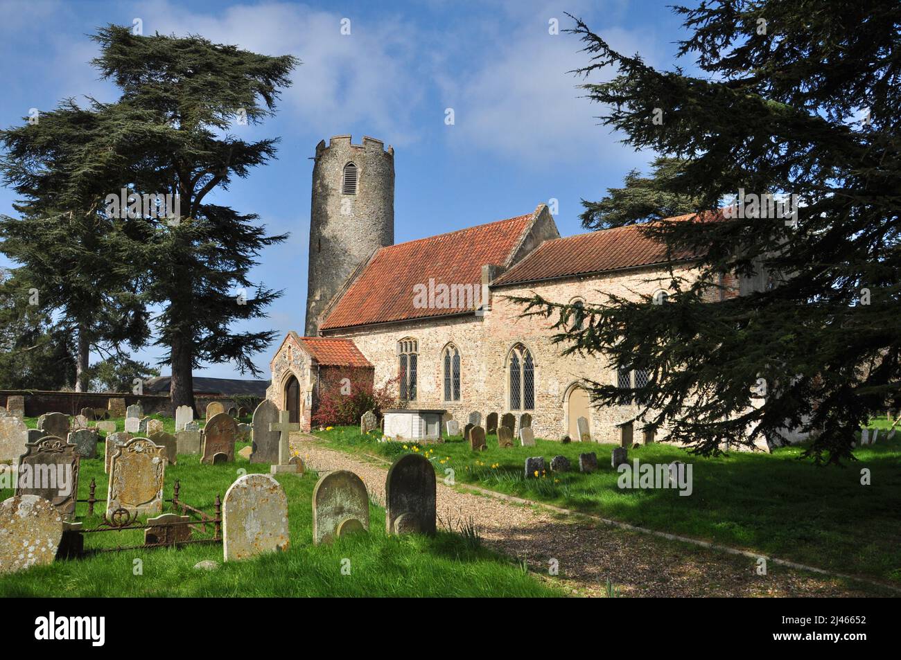 Chiesa di tutti i Santi con torre rotonda, Kirby cane, Norfolk del Sud, Inghilterra, Regno Unito Foto Stock