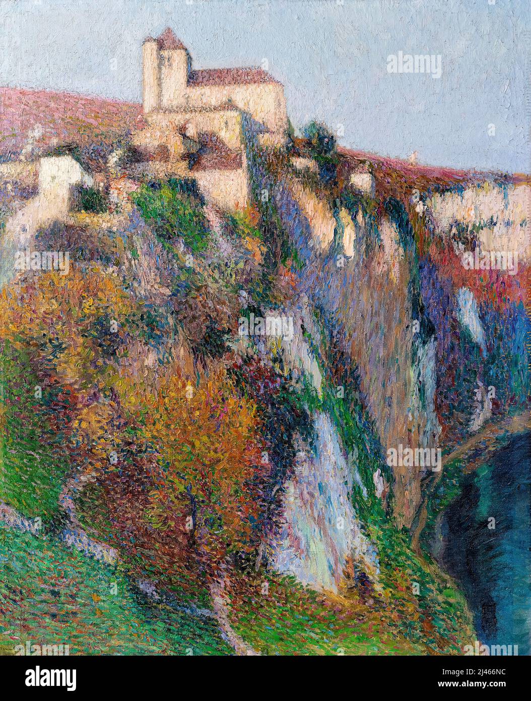 Saint-Cirq Lapopie chiesa arroccata sulla scogliera del Loop Lot, cielo blu, paesaggio dipinto in olio su tela di Henri Martin, prima del 1943 Foto Stock