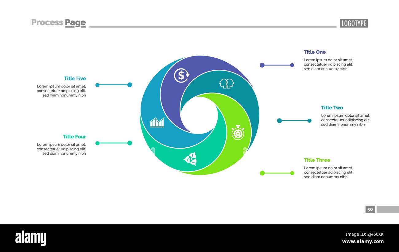 Diagramma ciclico con cinque elementi. Diagramma circolare, grafico, layout. Concetto creativo per infografica, presentazione, progetto, report. Può essere utilizzato per l'argomento Illustrazione Vettoriale