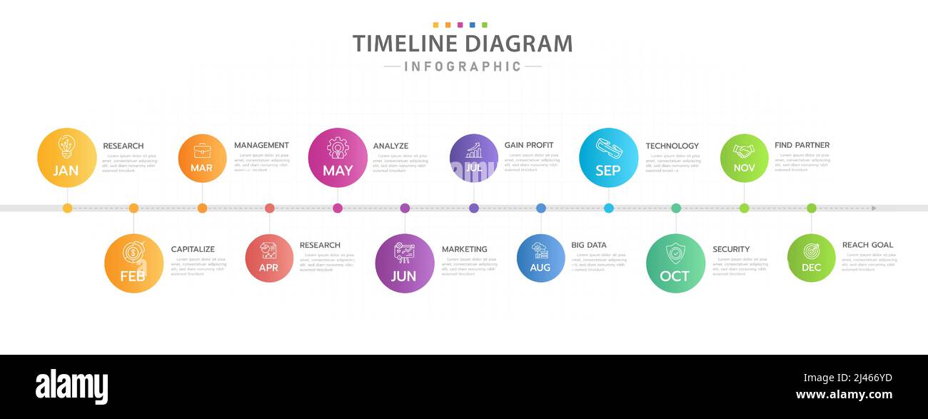 Modello infografico per le aziende. 12 mesi Calendario cronologico con icone moderne, infografica vettoriale di presentazione. Illustrazione Vettoriale