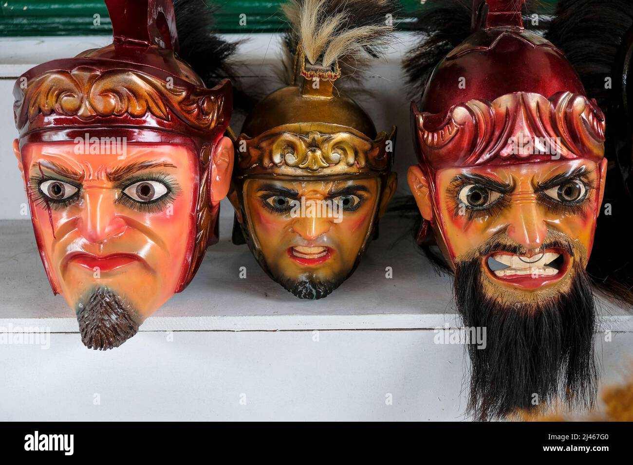 BOAC, Filippine - Aprile 2022: Maschere romane soldato usate nel Festival Moriones tenutosi durante la settimana Santa a Marinduque il 11 Aprile 2022 nelle Filippine Foto Stock