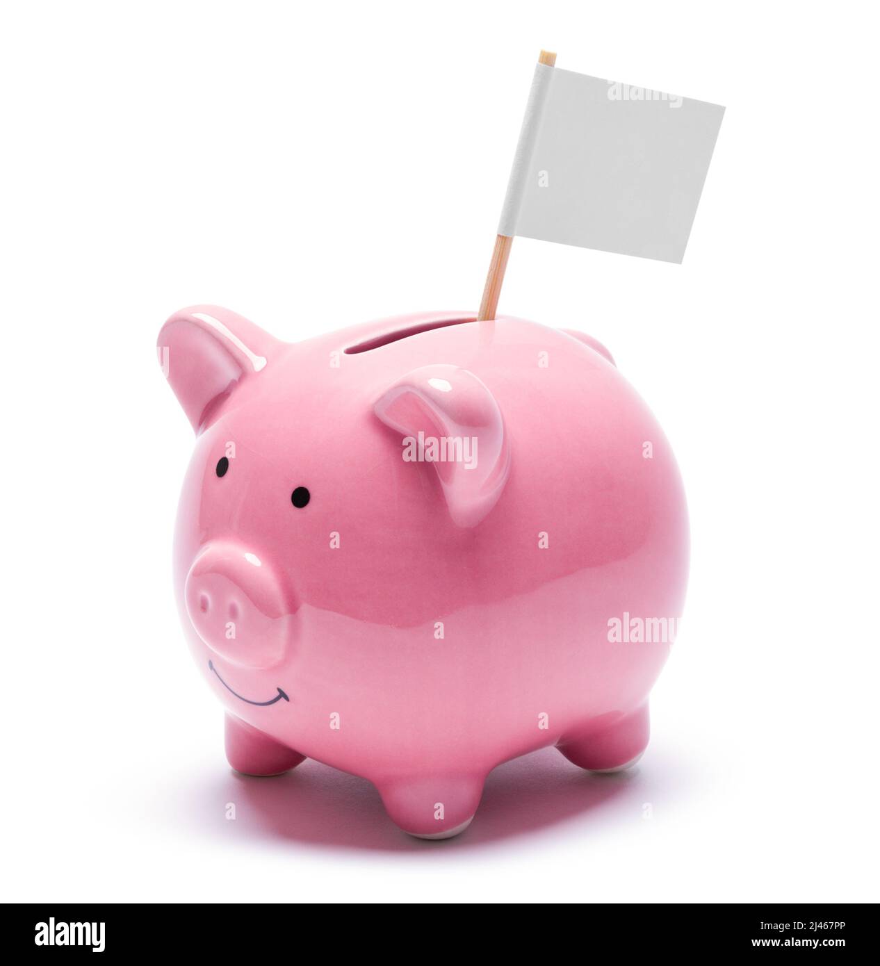 Rosa Piggy Bank con Bandiera bianca di resa Cut out su bianco. Foto Stock