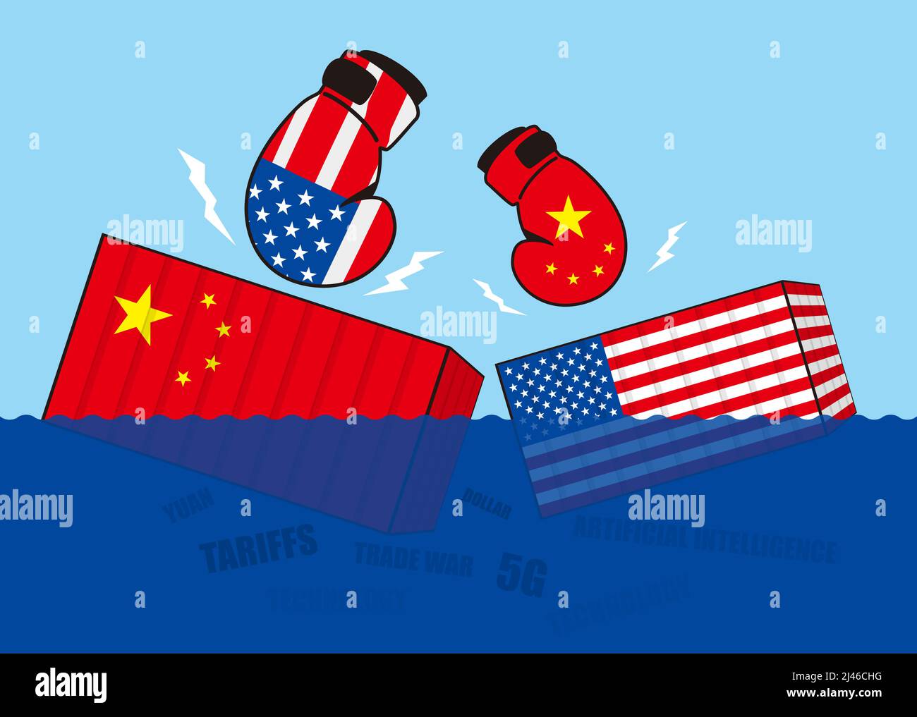 Guerra commerciale della Cina e degli Stati Uniti, Boxing affonda i contenitori commerciali Illustrazione Vettoriale