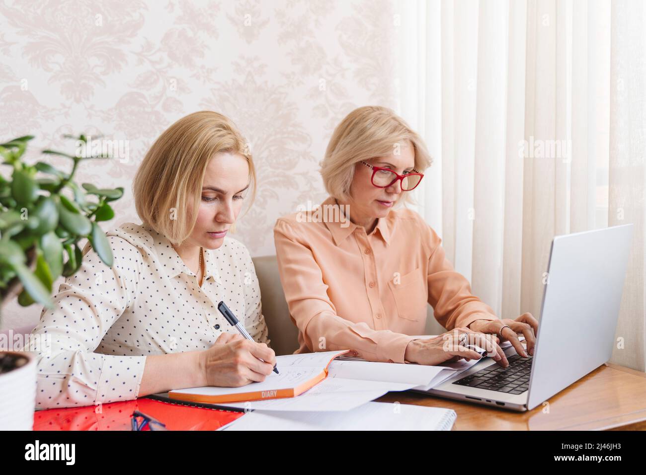 Le donne d'affari mature discutono i documenti nell'ufficio domestico. Foto Stock