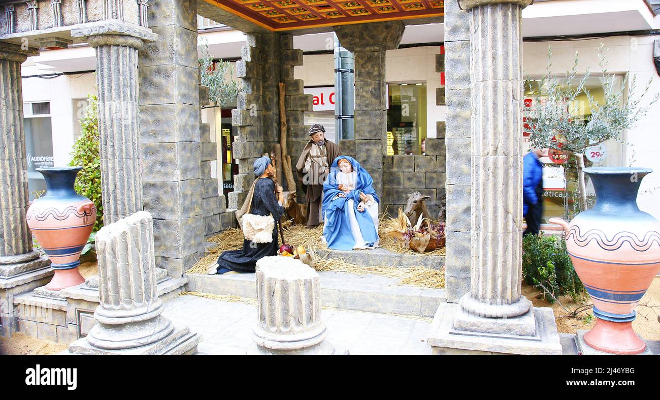 Rappresentazione del portale di Betlemme in Plaza del Ayuntamiento de Tarrasa, Barcellona, Catalunya, Spagna, Europa Foto Stock