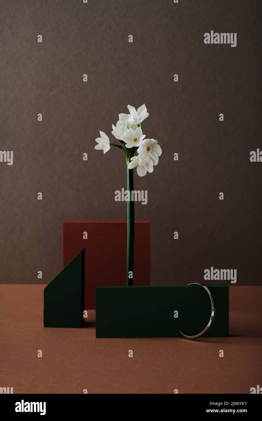 Foto di vita moderna verticale con piccoli fiori freschi, figure in legno verde scuro e rosso-marrone e braccialetto in argento sullo sfondo della parete marrone scuro Foto Stock