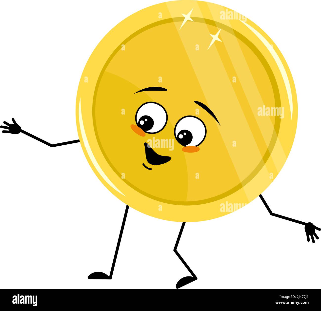 Simpatico personaggio a moneta d'oro con allegra emozione, viso gioioso, occhi sorridenti, braccia e gambe. Denaro persona con espressione divertente e posa. Illustrazione piatta vettoriale Illustrazione Vettoriale