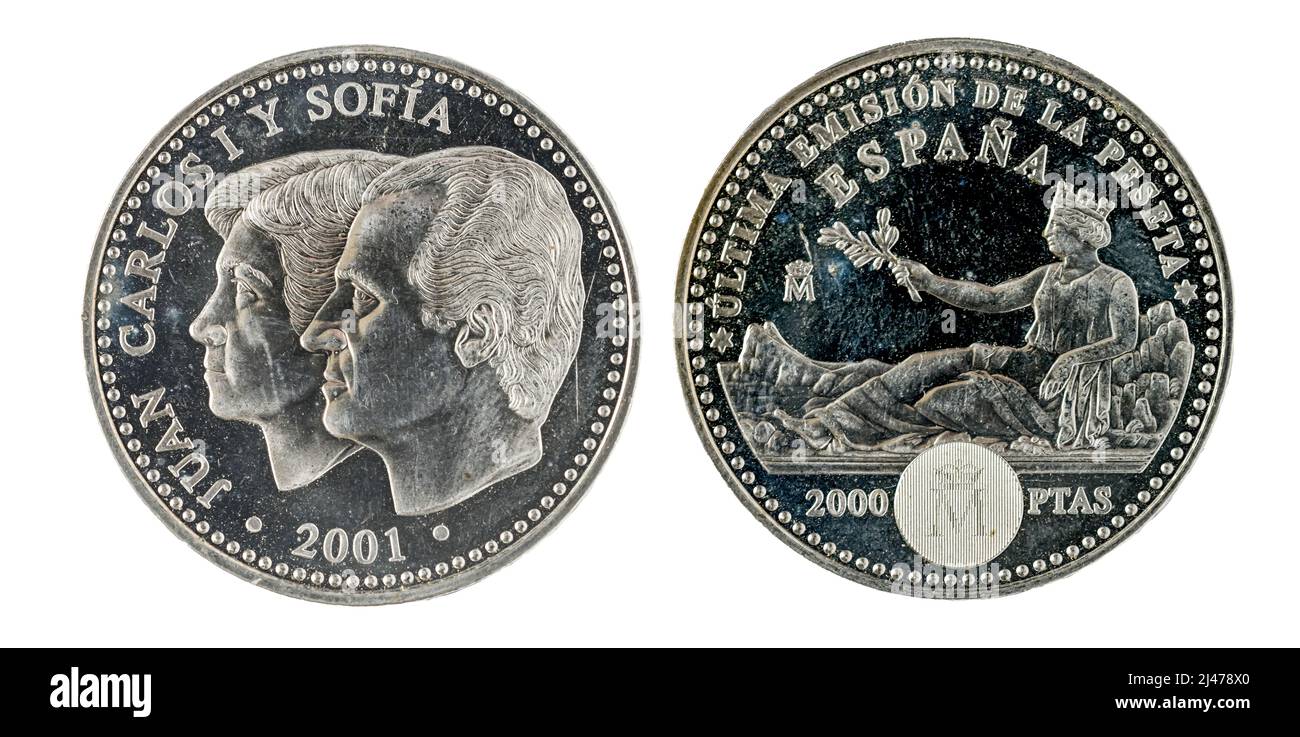 Monete spagnole - 2.000 pesetas. Juan Carlos I. coniò in Argento nel 2001 Foto Stock