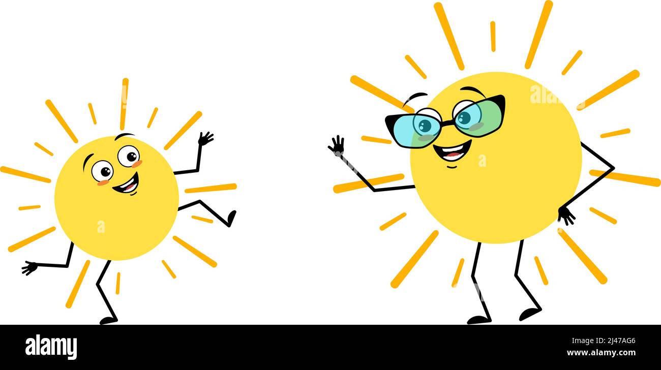Simpatico personaggio da sole con occhiali e personaggio da ballo di nipote con allegra emozione, viso gioioso, occhi sorridenti, braccia e gambe. Persona con espressione e posa divertenti. Illustrazione piatta vettoriale Illustrazione Vettoriale