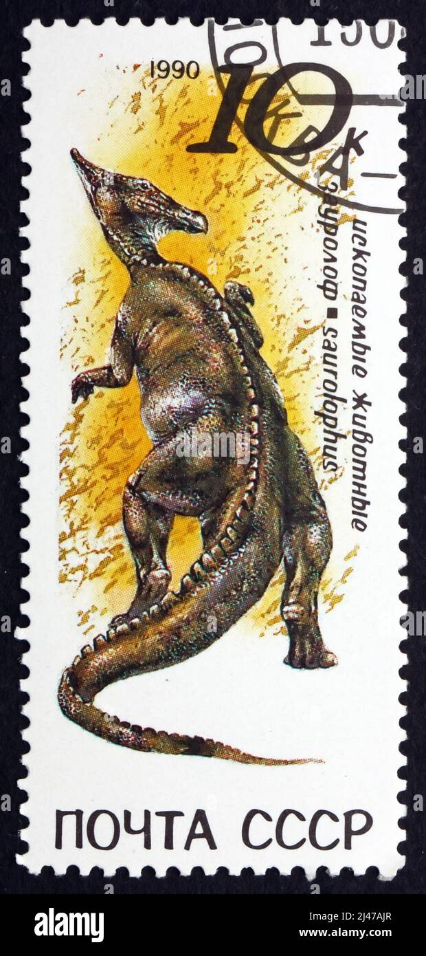 RUSSIA - CIRCA 1990: Un francobollo stampato in Russia mostra Saurolophus, dinosauro erbivoro, animale preistorico, circa 1990 Foto Stock