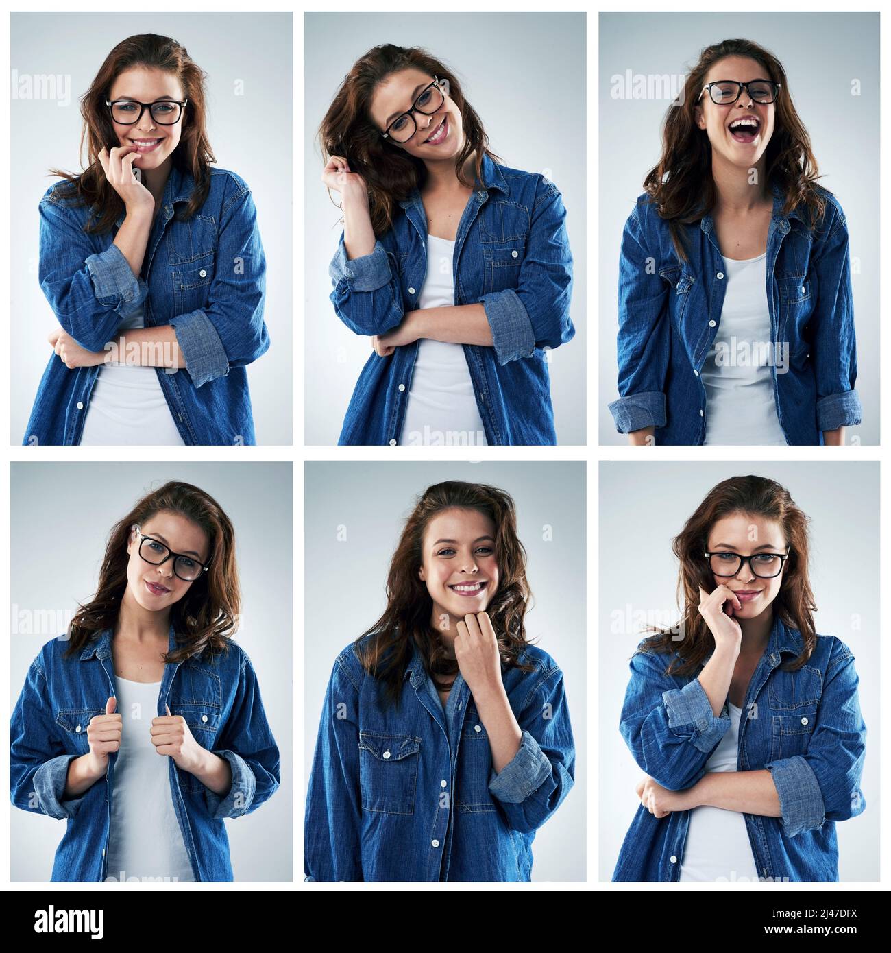 Non importa che cosa, youre perfetto in ogni singolo senso. Ripresa composita di una giovane donna in vari studi posa su uno sfondo grigio. Foto Stock