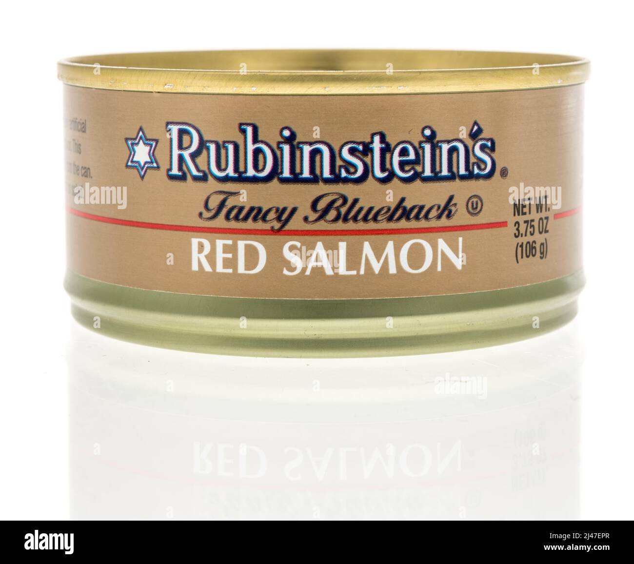 Winneconne, WI -10 Aprile 2022: Una lattina di Rubinsteins fantasia blueback salmone rosso su uno sfondo isolato Foto Stock