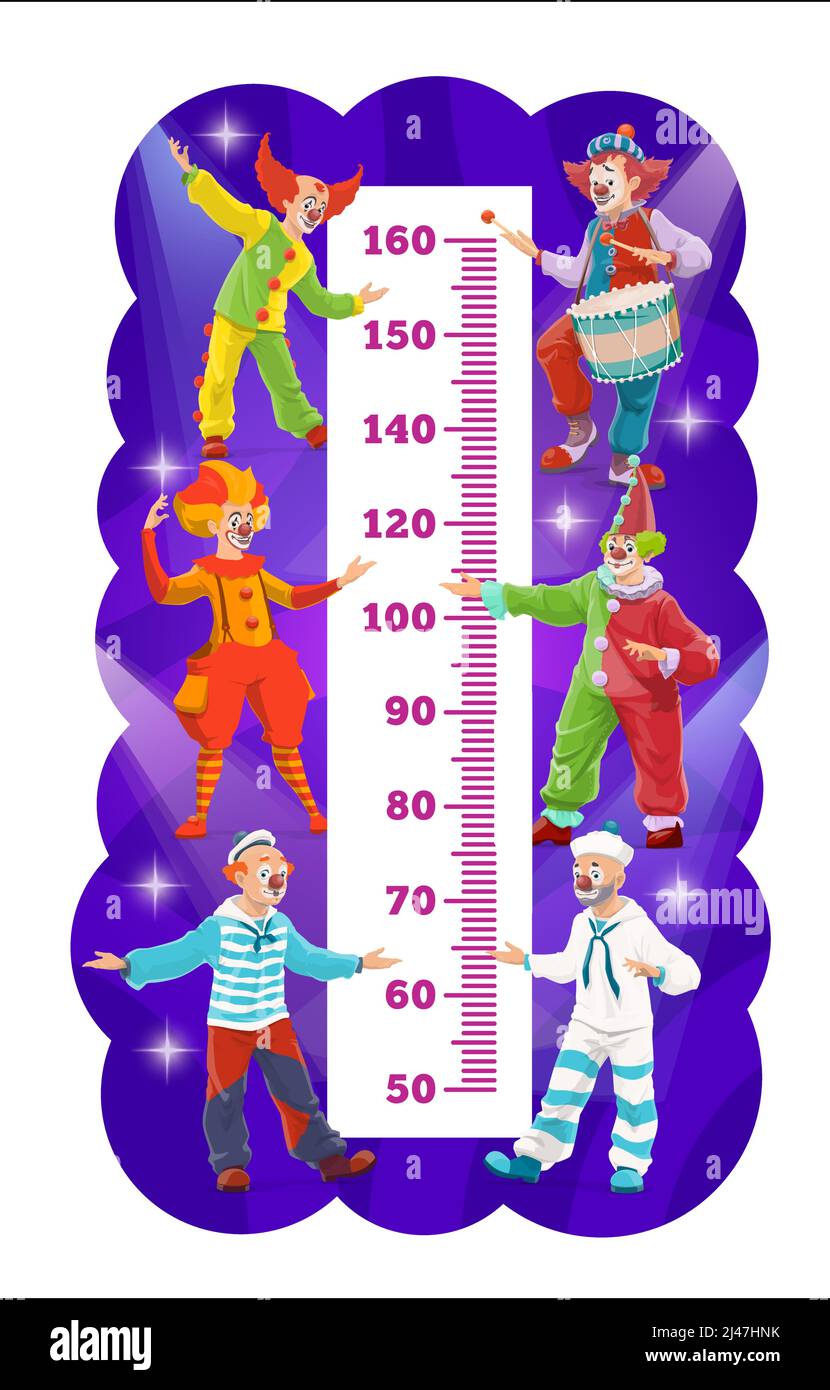 Bambini altezza tabella shapito circus clown misura di crescita. Scala vettoriale con grandi funnymen top, harlequins, funster in costumi luminosi. Righello da parete per la misurazione dell'altezza dei bambini con caratteri cartoni animati Illustrazione Vettoriale