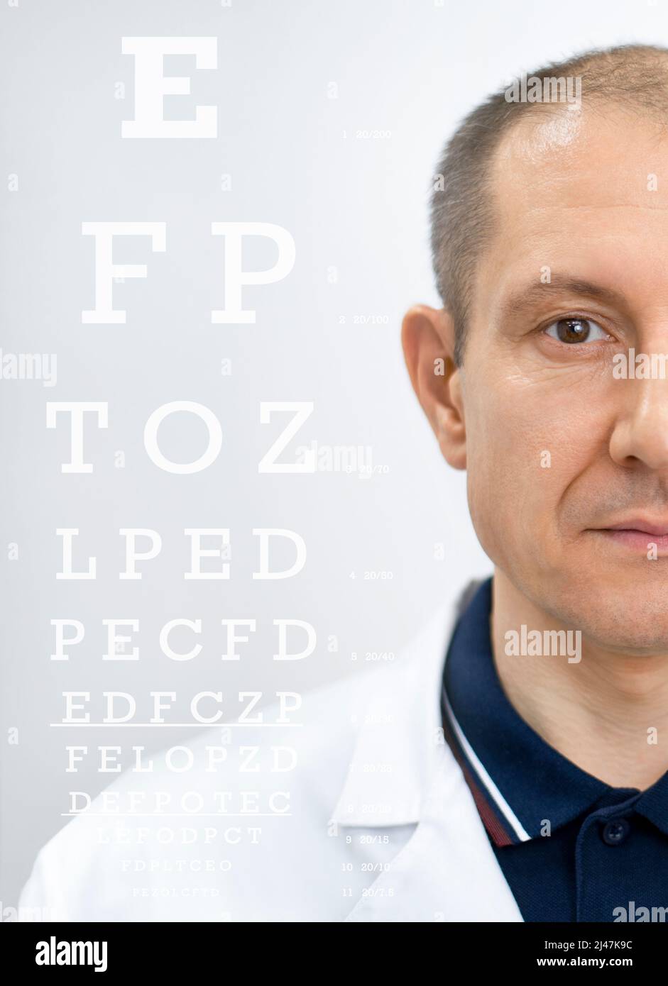 Ritratto del Dottore. Un oftalmologo che dimostra la diagnosi degli occhi utilizzando una tabella con un carattere di dimensioni diverse. Foto Stock