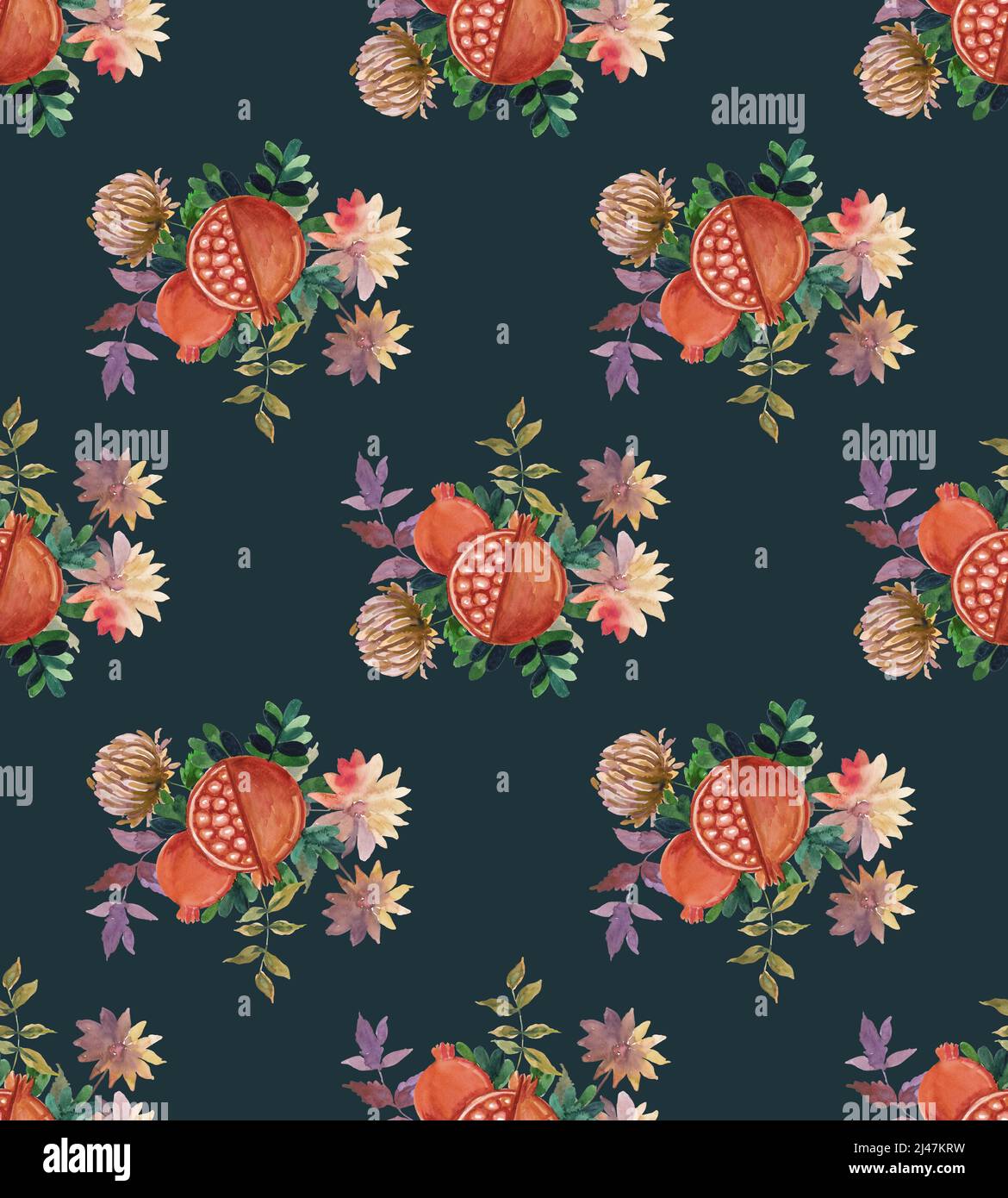 Pomegranate tropicale e foglie dipinte a mano senza cuciture Foto Stock