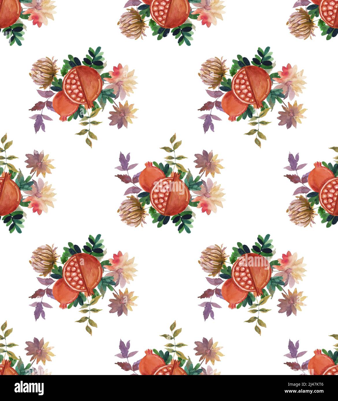 Pomegranate tropicale e foglie dipinte a mano senza cuciture Foto Stock