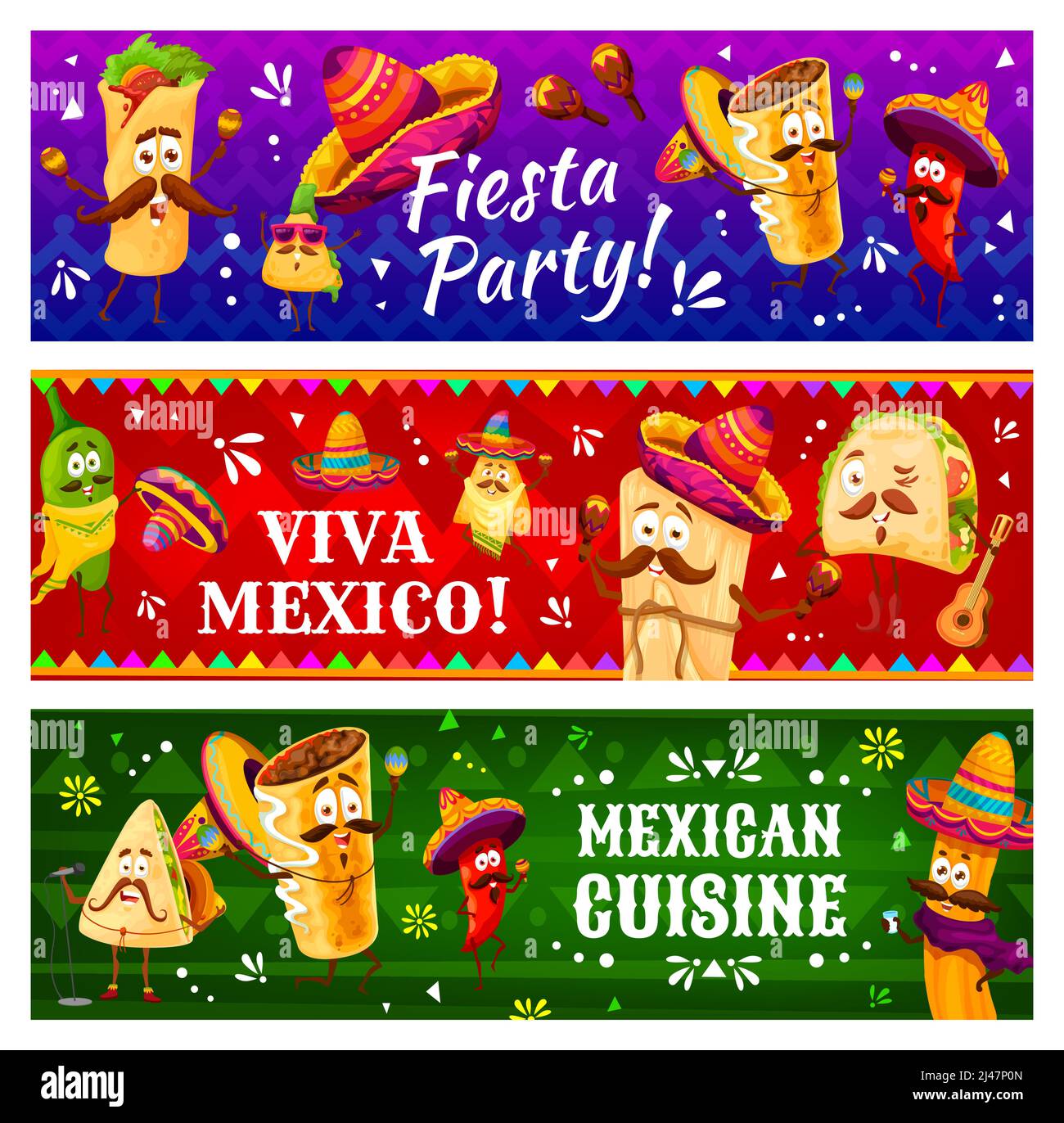 Cartoon personaggi messicani di tacos e quesadilla, jalapeno e tamales, nachos e peperoncino, burrito ed enchilados personaggi divertenti. Fiesta festa, festa o carnevale banner vettoriali Illustrazione Vettoriale