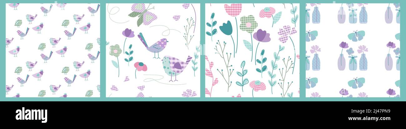 Set di motivi senza giunture tartan primavera con farfalla, pollo, gallo, uccello, colomba, fiori. L'illustrazione vettoriale in design piatto Illustrazione Vettoriale