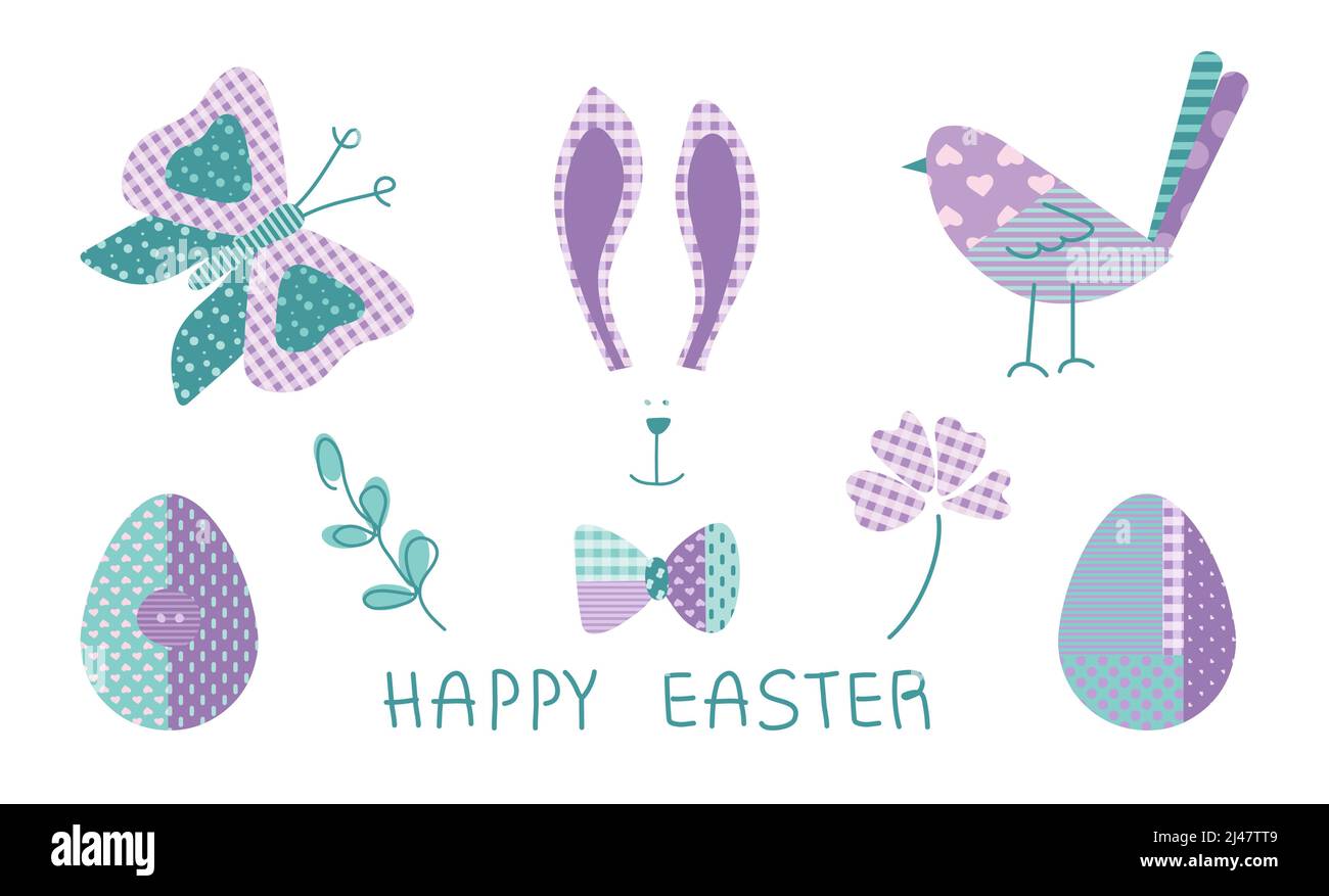 Collezione Primavera Pasqua, con coniglietto, uccello, uova, farfalla e fiori in colori pastello e motivo tartan. L'illustrazione vettoriale con Illustrazione Vettoriale