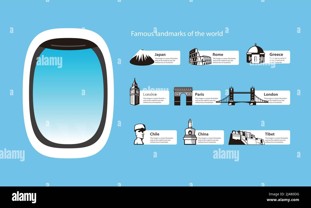 Concetto di viaggio, punti di riferimento del mondo, illustrazione vettoriale Illustrazione Vettoriale