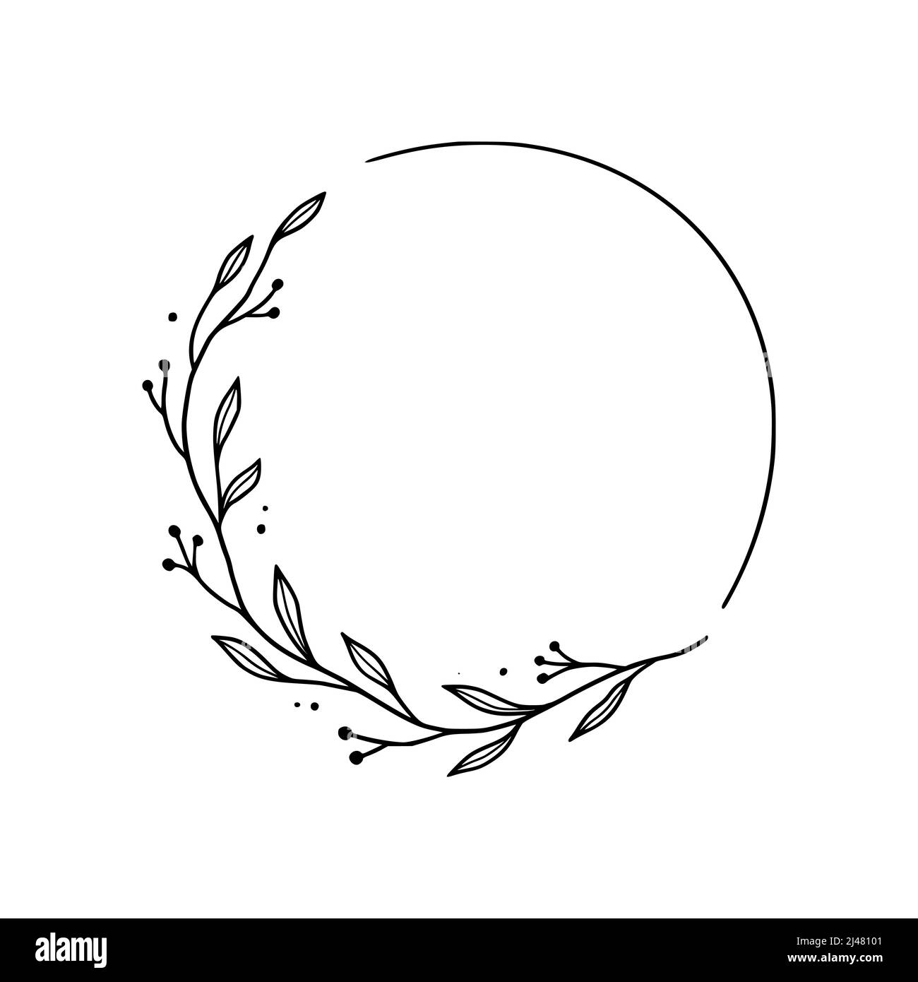 Cornice circolare floreale, elegante corona circolare bordo. Stile di schizzo del doodle disegnato a mano. Cornice da disegno floreale, fiorente elemento di design per matrimoni, biglietto di auguri. Illustrazione vettoriale. Illustrazione Vettoriale