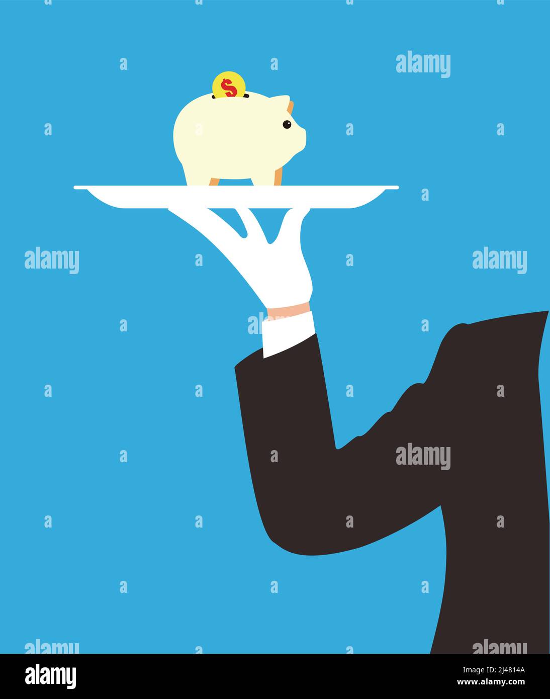 uomo che tiene un piatto, piggy e moneta sul piatto, illustrazione vettoriale Illustrazione Vettoriale