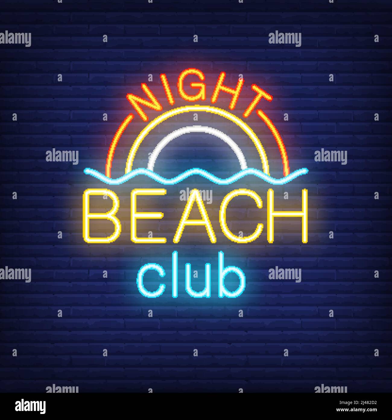 Scritta Night Beach Club e arcobaleno con onda. Cartello al neon su sfondo mattone. Bar, nightclub, resort estivo. Concetto di vacanza estiva. Per gli argomenti li Illustrazione Vettoriale