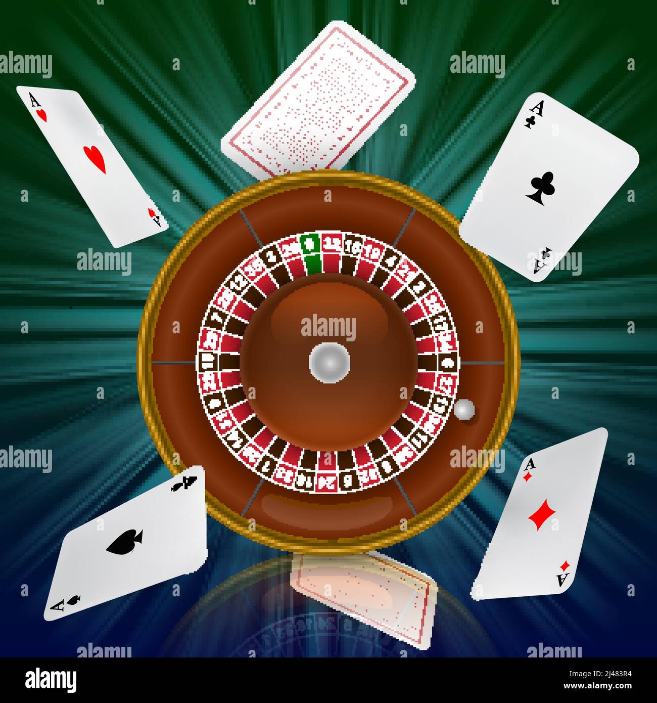 Casino roulette e volare carte da gioco. Casino business pubblicità design. Per poster, banner, opuscoli e brochure. Illustrazione Vettoriale