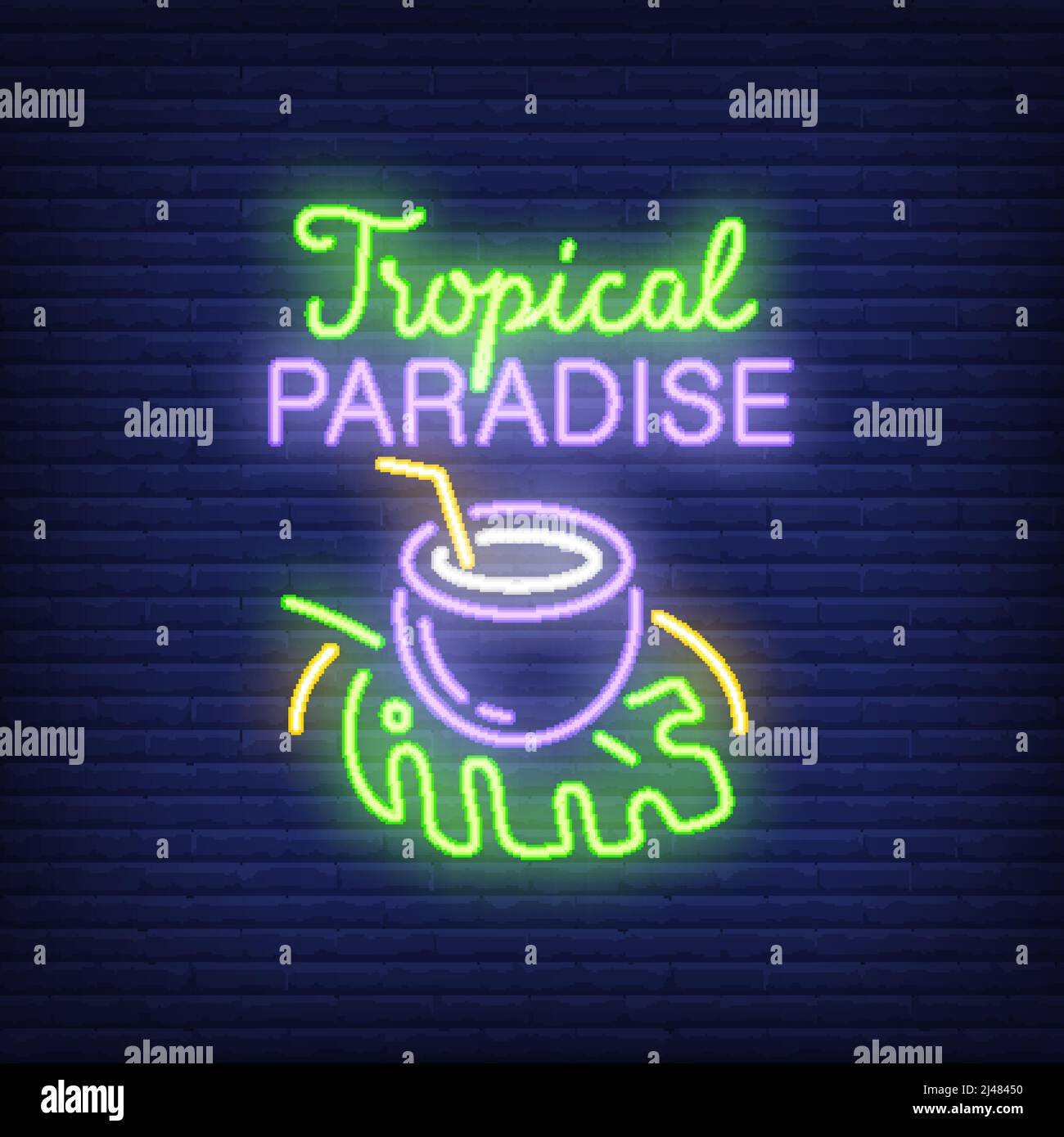 Scritta Tropical Paradise con bevanda al cocco sulla foglia. Cartello al neon su sfondo mattone. Drink, cocktail, bar. Concetto di bevanda. Per argomenti come il residence, Illustrazione Vettoriale