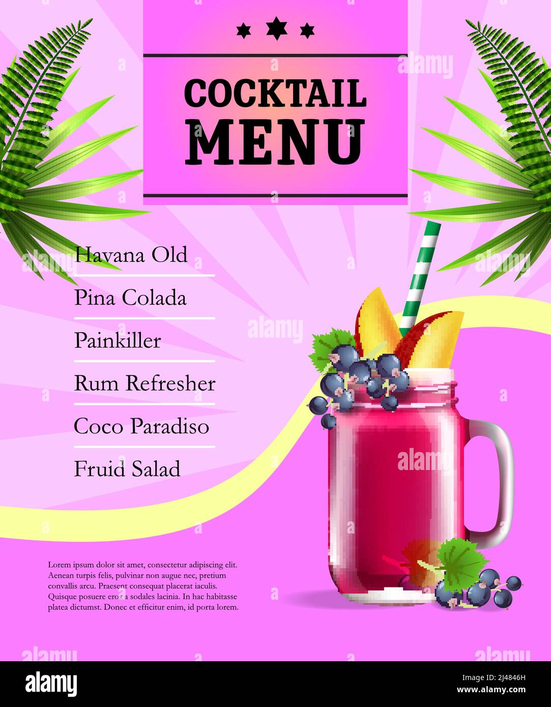 Poster del menu cocktail. Vasetto di succo di frutta e foglie di palma su sfondo rosa con raggi. Bar dell'hotel, cocktail party, ristorante. Concetto di bevanda. Può essere noi Illustrazione Vettoriale