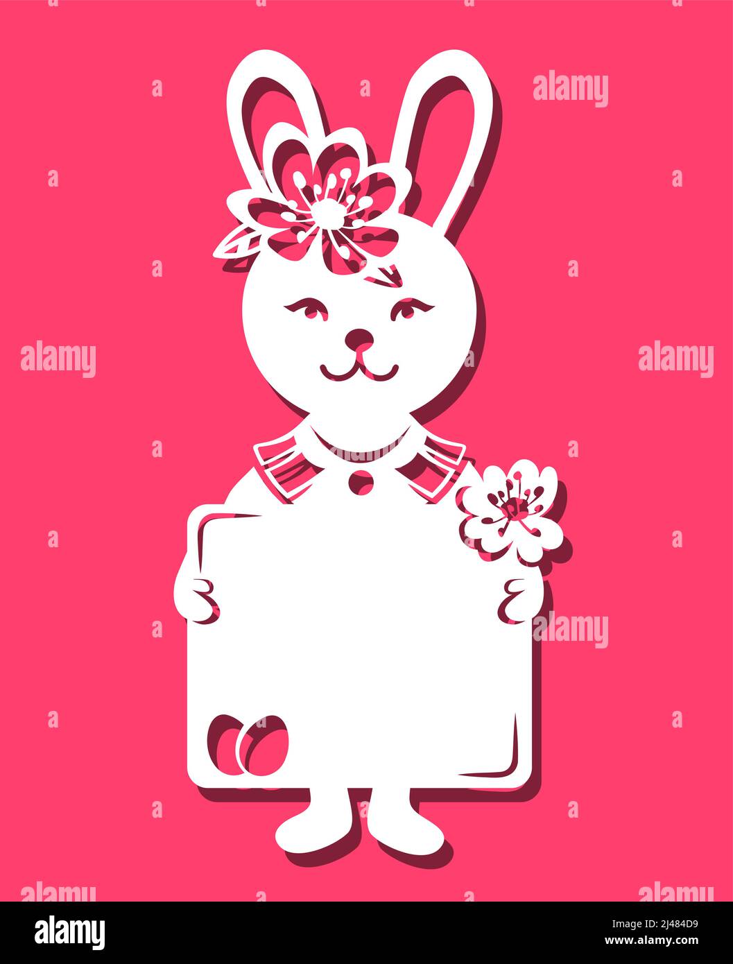 Ragazza coniglietto pasquale che tiene la carta nelle sue mani per il taglio laser. Illustrazione vettoriale Illustrazione Vettoriale