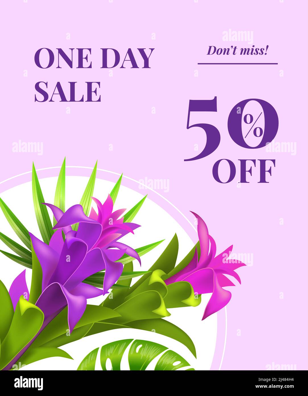 Un giorno di vendita, cinquanta per cento di sconto, non perdere il disegno del volantino con fiori viola in cornice rotonda su sfondo lilla. Il testo digitato può essere utilizzato per le etichette, Illustrazione Vettoriale