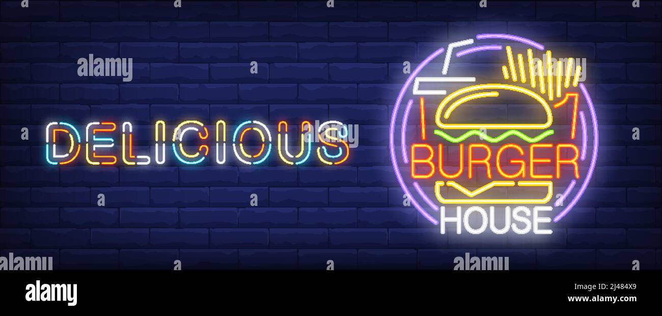 Delizioso cartello al neon Burger House. Patatine fritte, coke e gustoso hamburger. Illustrazione vettoriale in stile neon per fast food o consegna Illustrazione Vettoriale