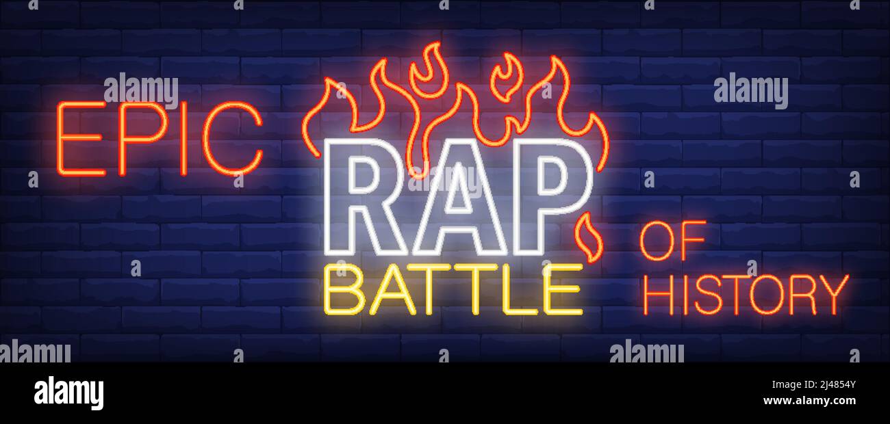 Epica battaglia rap di storia segno neon. Iscrizione luminosa con alette di fiamma su parete di mattoni. Illustrazione vettoriale in stile neon per anteprima video o conc Illustrazione Vettoriale