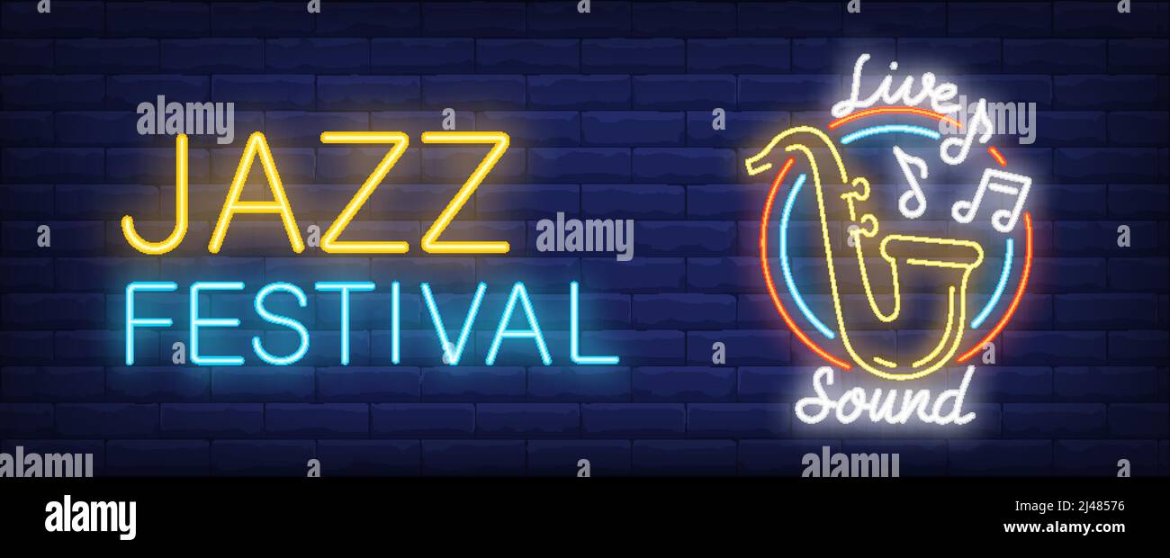 Festival jazz con segnale al neon dal vivo. Sassofono giallo con segnali di melodia volanti in cerchi luminosi. Pubblicità notturna brillante. Illustrazione vettoriale Illustrazione Vettoriale