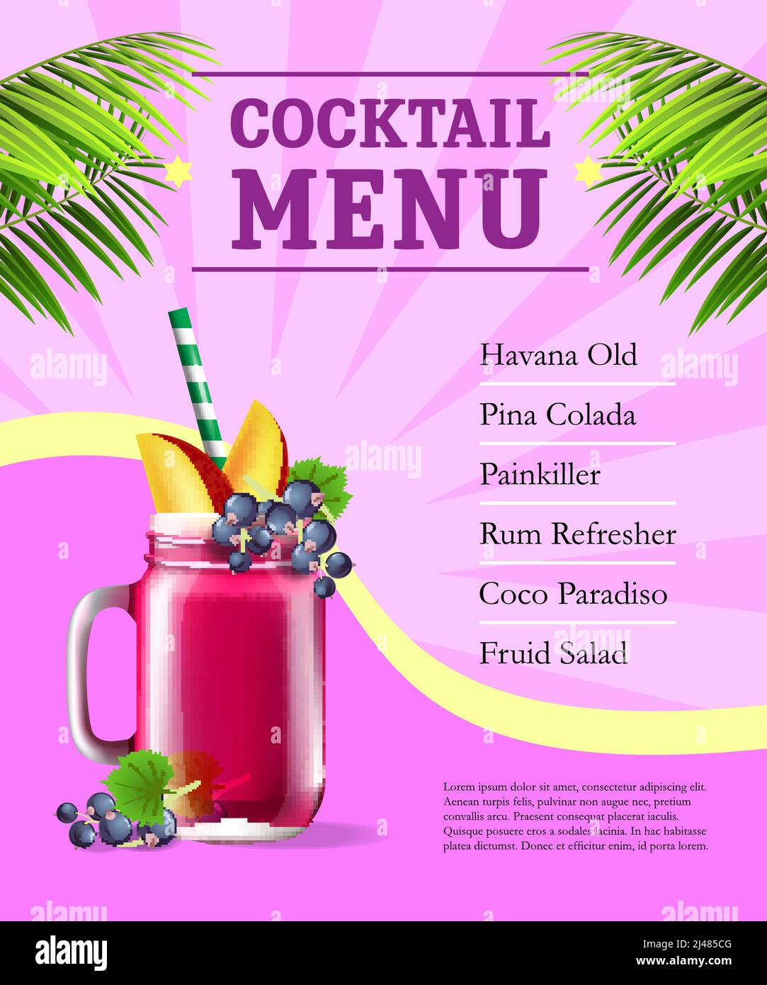 Poster del menu cocktail. Frullato di frutta e foglie di palma su sfondo rosa con raggi. Bar, caffetteria, ristorante banner. Concetto di bevanda. Può essere utilizzato per pos Illustrazione Vettoriale