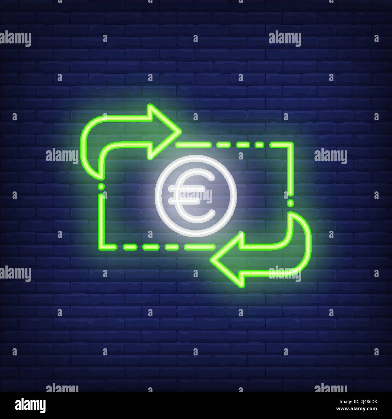 Tasso di cambio dell'euro. Illustrazione in stile neon. Conversione, reddito, trasferimento. Banner valuta. Per finanza, banking, business concept Illustrazione Vettoriale