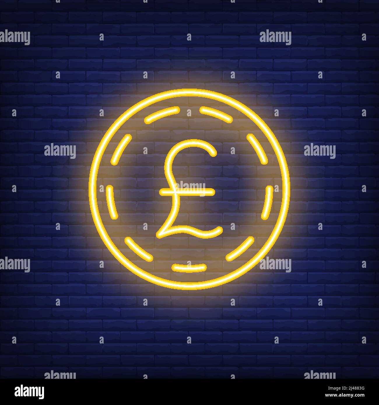 Libbra moneta di sterling su sfondo mattone. Illustrazione in stile neon. Denaro, contanti, tasso di cambio. Banner valuta. Per finanza, banche, valuta nazionale Illustrazione Vettoriale