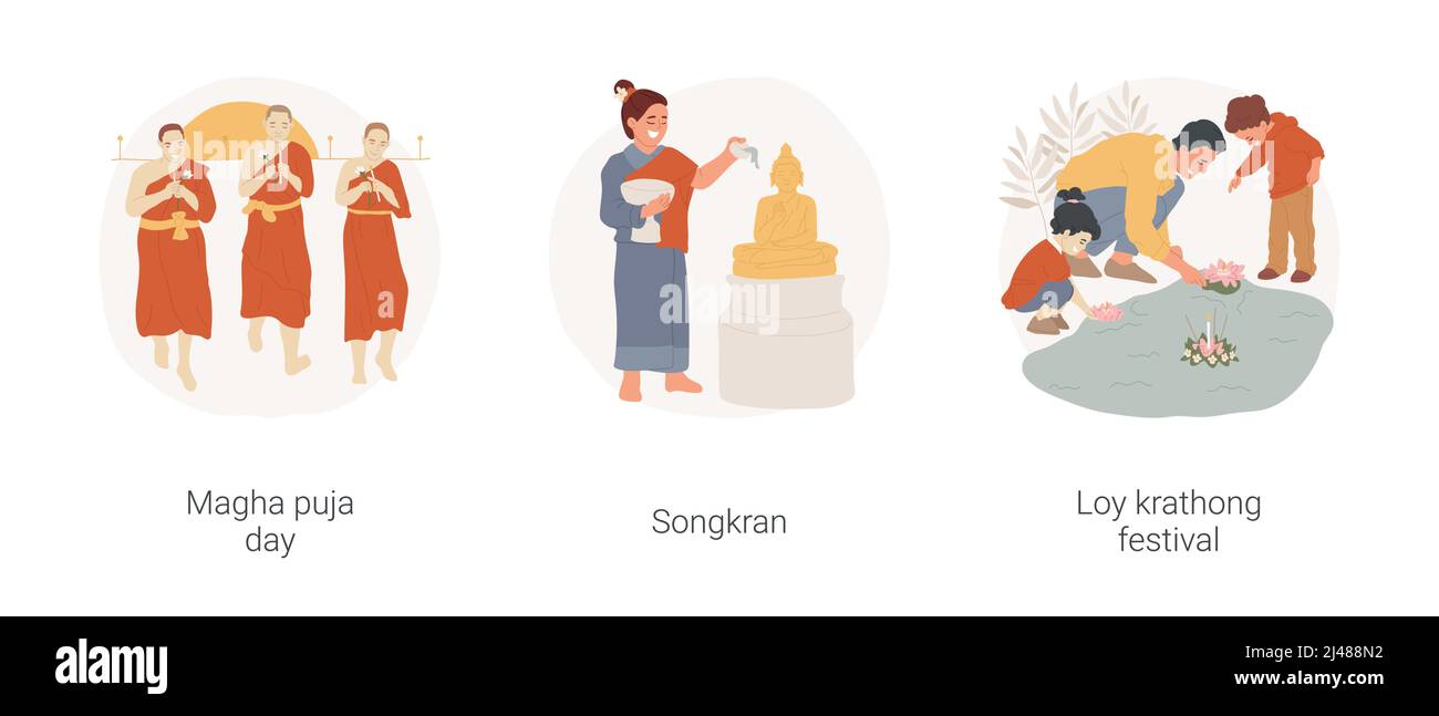 Feste buddiste isolato cartoon vettore illustrazione set. I buddisti celebrano il giorno Magha puja insieme, Songkran festa religiosa, Loy krathong festival, spiritualità vettore cartone animato. Illustrazione Vettoriale