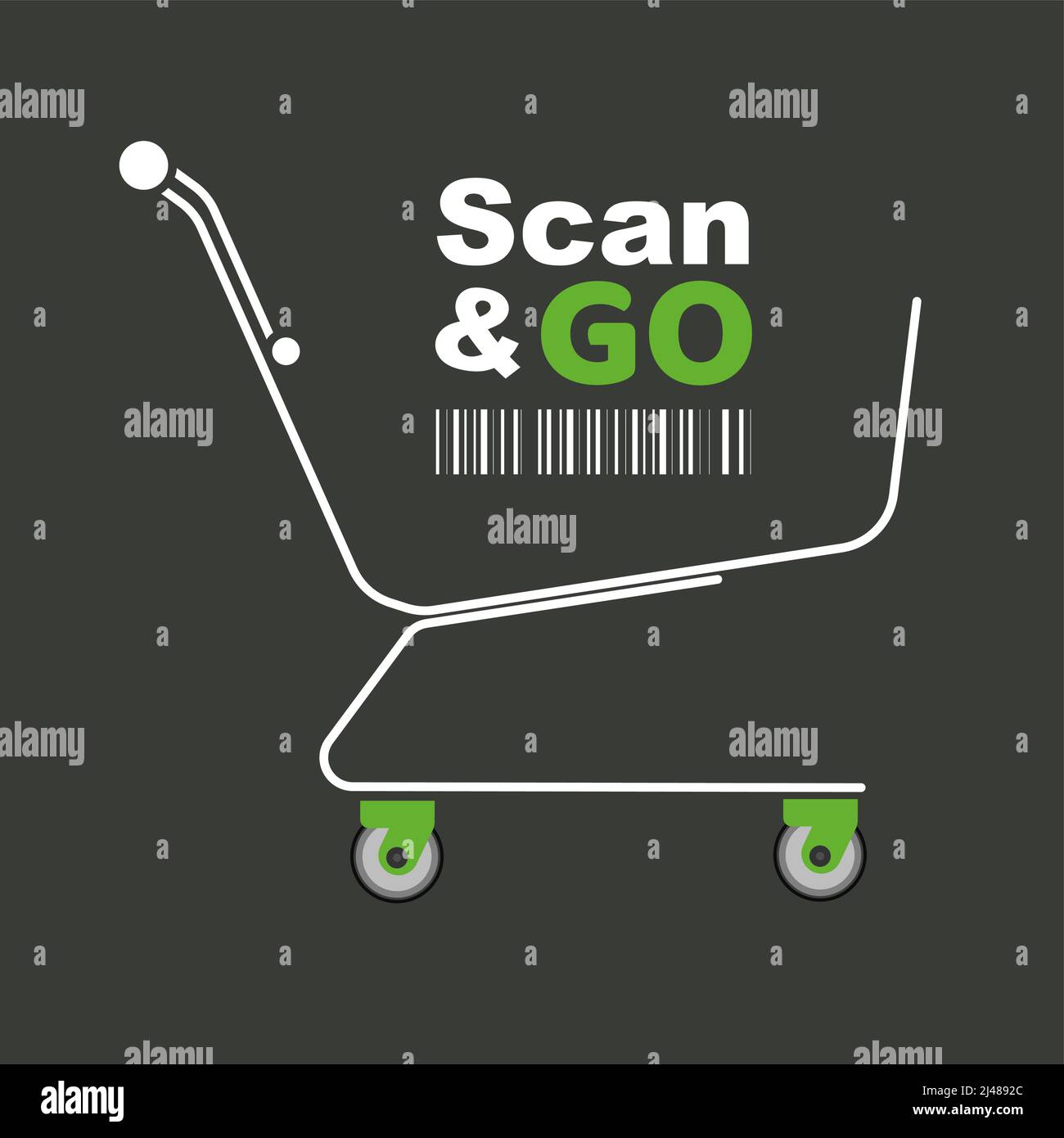 Illustrazione vettoriale Scan & Go con codice a barre e carrello Illustrazione Vettoriale